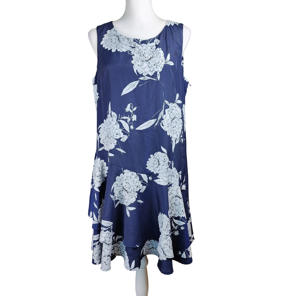 Vince Camuto Ruffle Hem Shift Dress Womens 12 Blue White Floral Layered Casual